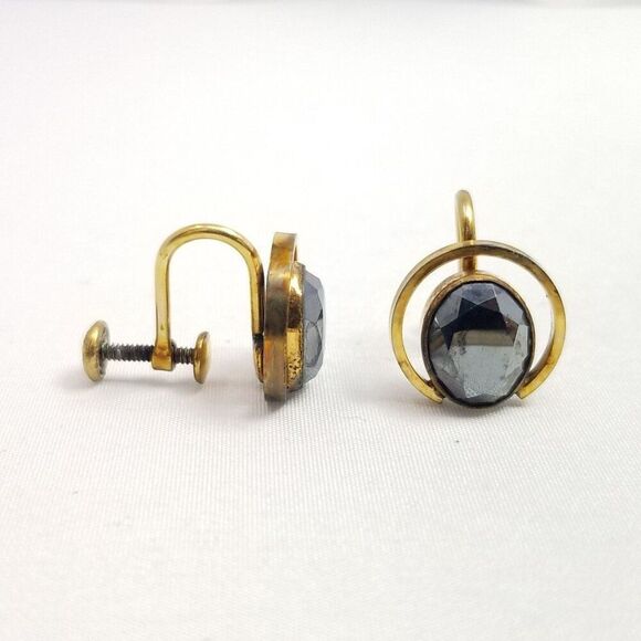 Vintage Yellow Gold Filled Oval Dark Gray Rhinestone Clip On Screw Back Earrings - Picture 3 of 11